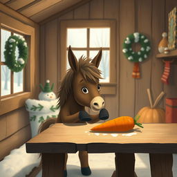 A charming winter scene inside a cozy wooden cabin featuring a small brown pony holding a sweet potato, gazing at a carrot placed on a rustic wooden table