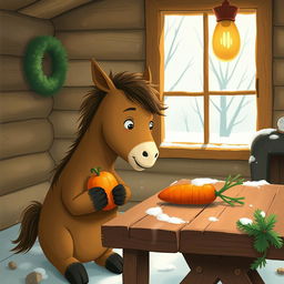 A whimsical winter scene inside a cozy wooden cabin, where a small brown pony is holding a sweet potato and looking curiously at a carrot placed on a rustic wooden table