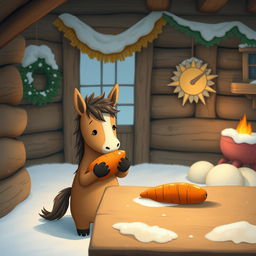 A whimsical winter scene inside a cozy wooden cabin, where a small brown pony is holding a sweet potato and looking curiously at a carrot placed on a rustic wooden table