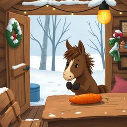 A whimsical winter scene inside a cozy wooden cabin, where a small brown pony is holding a sweet potato and looking curiously at a carrot placed on a rustic wooden table