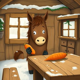 A whimsical winter scene inside a cozy wooden cabin, where a small brown pony is holding a sweet potato and looking curiously at a carrot placed on a rustic wooden table