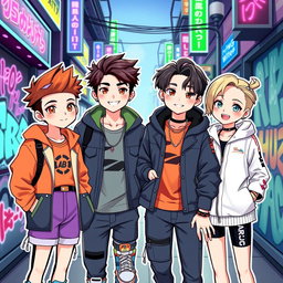 An illustration inspired by popular K-pop idols, featuring four stylized characters named Jian, Reyan, Miles, and Ciel