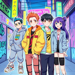 An illustration inspired by popular K-pop idols, featuring four stylized characters named Jian, Reyan, Miles, and Ciel