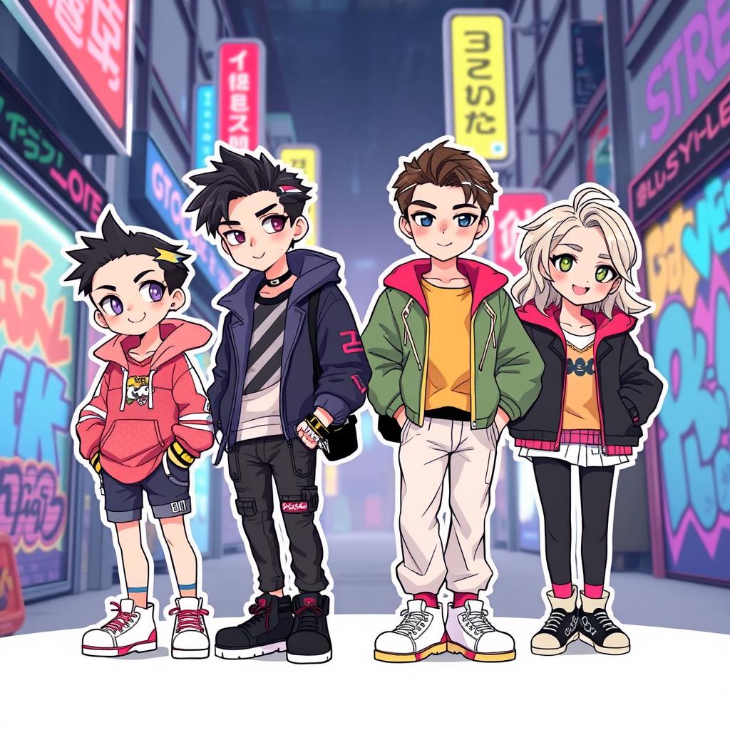 An illustration inspired by popular K-pop idols, featuring four stylized characters named Jian, Reyan, Miles, and Ciel