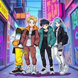 An illustration inspired by popular K-pop idols, featuring four stylized characters named Jian, Reyan, Miles, and Ciel
