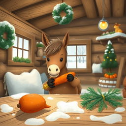 A whimsical scene inside a cozy wooden cabin during winter, where a small brown pony is holding a sweet potato and looking curiously at a carrot on a rustic wooden table