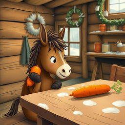 A whimsical scene inside a cozy wooden cabin during winter, where a small brown pony is holding a sweet potato and looking curiously at a carrot on a rustic wooden table