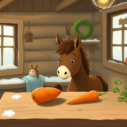 A whimsical scene inside a cozy wooden cabin during winter, where a small brown pony is holding a sweet potato and looking curiously at a carrot on a rustic wooden table