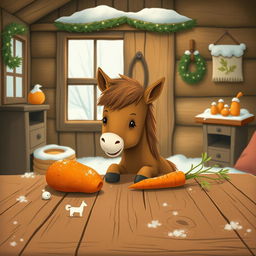 A whimsical scene inside a cozy wooden cabin during winter, where a small brown pony is holding a sweet potato and looking curiously at a carrot on a rustic wooden table