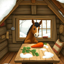 Inside a charming wooden cabin during winter, a small brown horse is gently hugging a sweet potato, looking curiously at a bright red carrot placed on a rustic wooden table