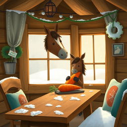 Inside a charming wooden cabin during winter, a small brown horse is gently hugging a sweet potato, looking curiously at a bright red carrot placed on a rustic wooden table