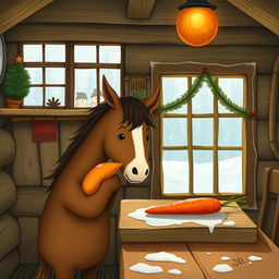 Inside a charming wooden cabin during winter, a small brown horse is gently hugging a sweet potato, looking curiously at a bright red carrot placed on a rustic wooden table