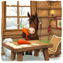 Inside a charming wooden cabin during winter, a small brown horse is gently hugging a sweet potato, looking curiously at a bright red carrot placed on a rustic wooden table