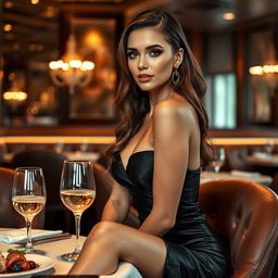A sensual woman sitting at an upscale restaurant table, showcasing an elegant, form-fitting, expensive dress that highlights her size 2 figure