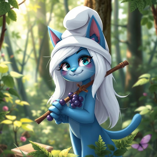 A smug, cute anime catgirl with blue-pigment skin and striking white hair, wearing a charming white-colored smurf hat