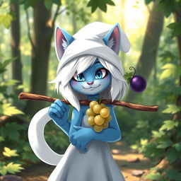 A smug, cute anime catgirl with blue-pigment skin and striking white hair, wearing a charming white-colored smurf hat