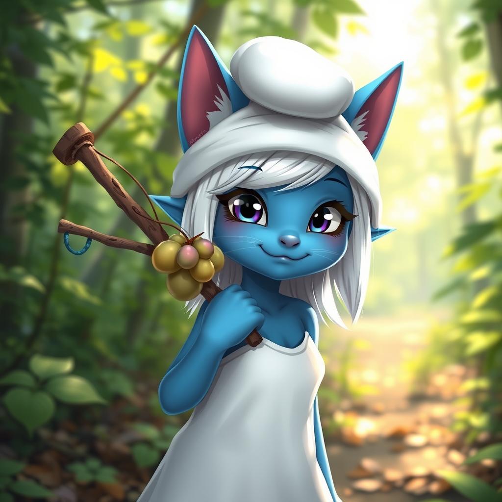A smug, cute anime catgirl with blue-pigment skin and striking white hair, wearing a charming white-colored smurf hat