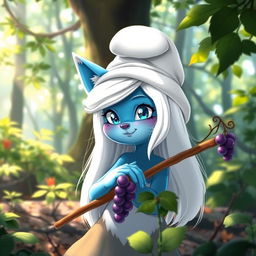 A smug, cute anime catgirl with blue-pigment skin and striking white hair, wearing a charming white-colored smurf hat