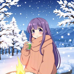 Hitori Gotou from the anime 'Bocchi the Rock!' depicted in a beautiful winter scene, surrounded by snow-covered trees and soft, falling snowflakes