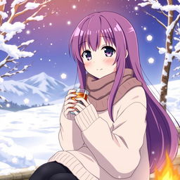 Hitori Gotou from the anime 'Bocchi the Rock!' depicted in a beautiful winter scene, surrounded by snow-covered trees and soft, falling snowflakes