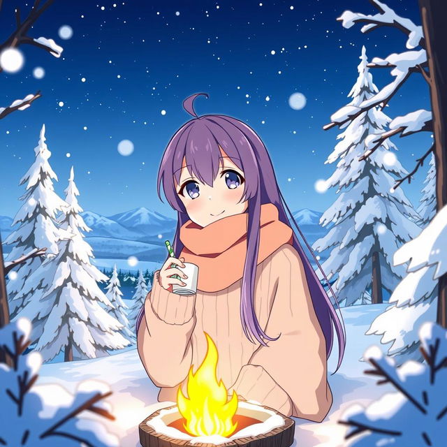 Hitori Gotou from the anime 'Bocchi the Rock!' depicted in a beautiful winter scene, surrounded by snow-covered trees and soft, falling snowflakes