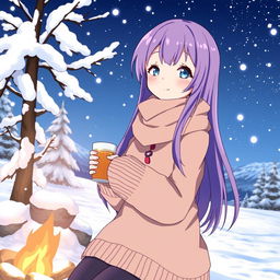 Hitori Gotou from the anime 'Bocchi the Rock!' depicted in a beautiful winter scene, surrounded by snow-covered trees and soft, falling snowflakes