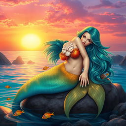 A beautiful, enchanting mermaid lounging on a rock at sunset, with long flowing hair shimmering in shades of teal and blue