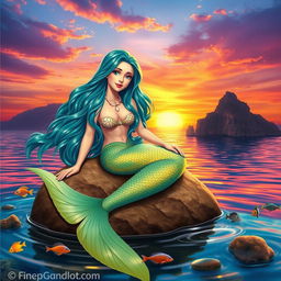 A beautiful, enchanting mermaid lounging on a rock at sunset, with long flowing hair shimmering in shades of teal and blue