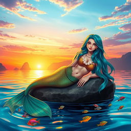 A beautiful, enchanting mermaid lounging on a rock at sunset, with long flowing hair shimmering in shades of teal and blue