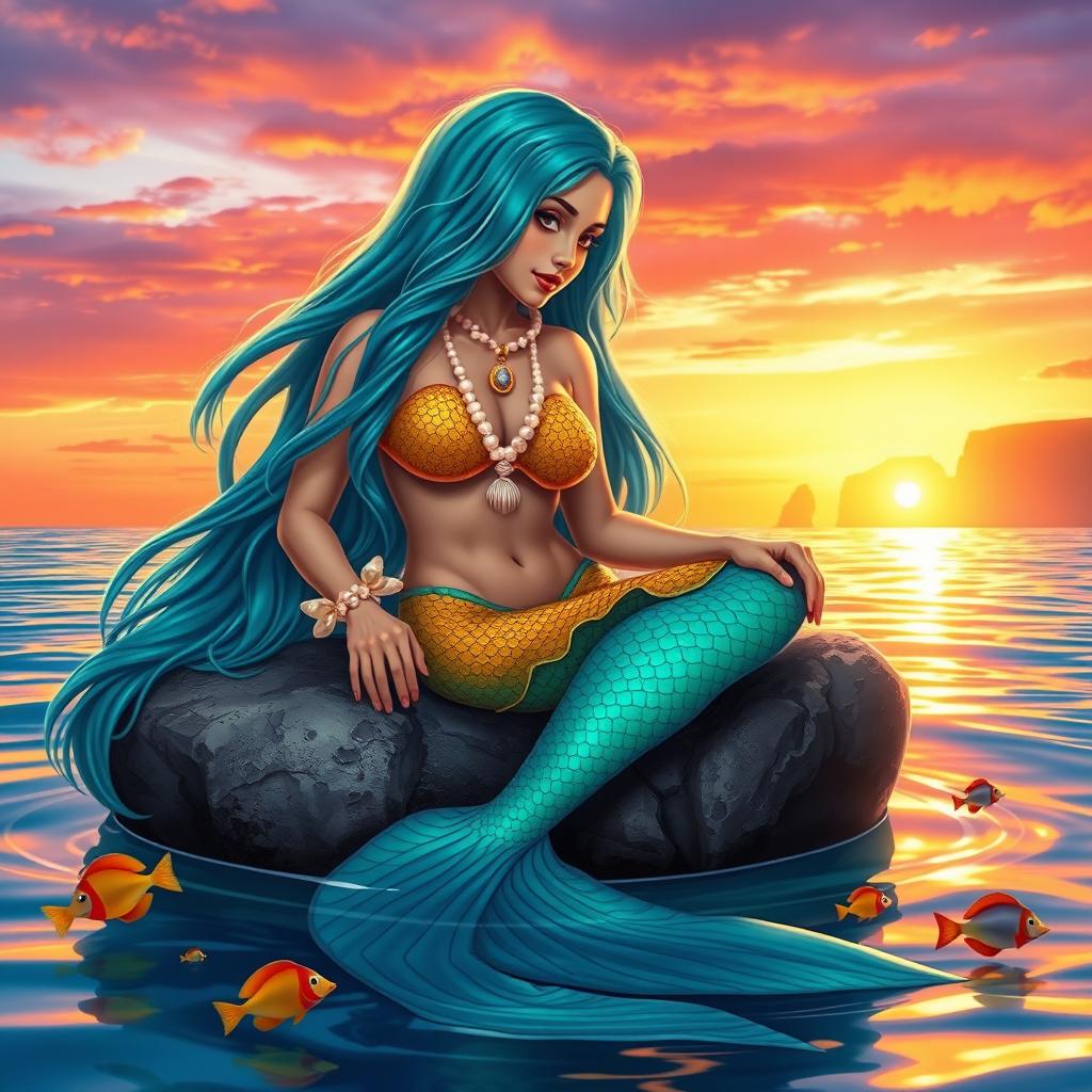 A beautiful, enchanting mermaid lounging on a rock at sunset, with long flowing hair shimmering in shades of teal and blue