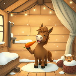 A delightful winter scene inside a cozy wooden cabin where a small brown pony is happily eating a sweet potato while holding a carrot in its other hoof