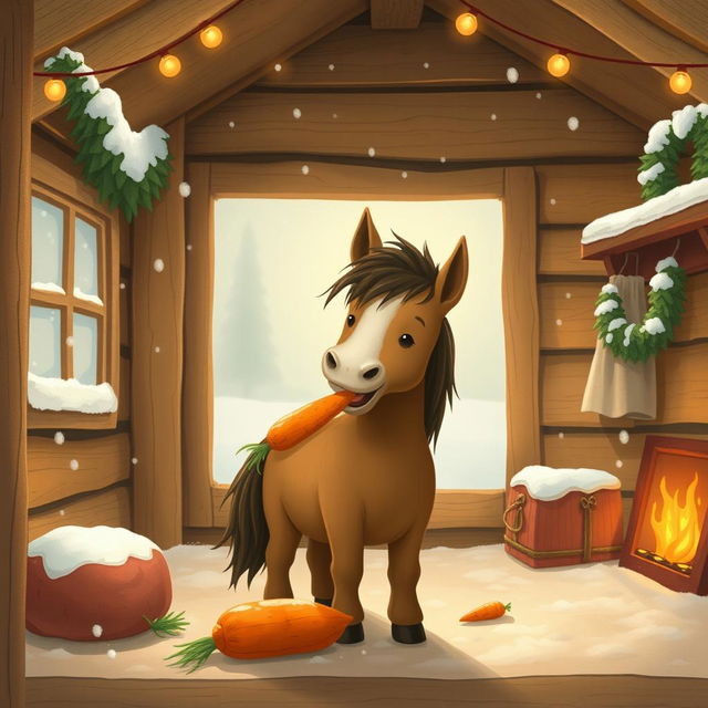 A delightful winter scene inside a cozy wooden cabin where a small brown pony is happily eating a sweet potato while holding a carrot in its other hoof