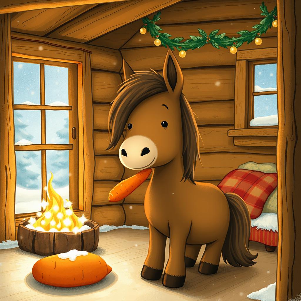 A delightful winter scene inside a cozy wooden cabin where a small brown pony is happily eating a sweet potato while holding a carrot in its other hoof