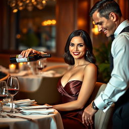 A confident, attractive woman with a size 2 bust sitting elegantly at a beautifully set restaurant table