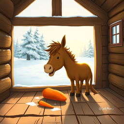 Inside a warm wooden cabin during a tranquil winter, a small brown horse is happily munching on a sweet potato