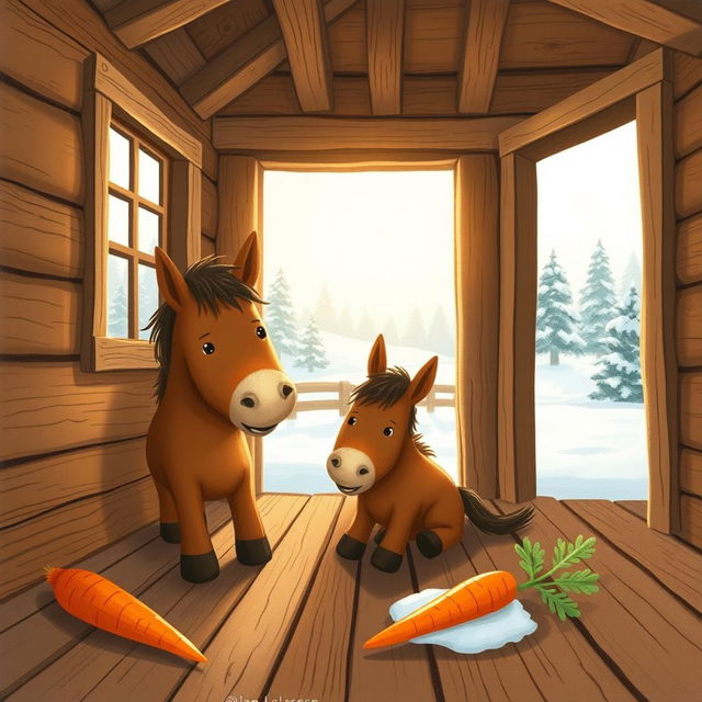 Inside a warm wooden cabin during a tranquil winter, a small brown horse is happily munching on a sweet potato