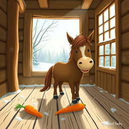 Inside a warm wooden cabin during a tranquil winter, a small brown horse is happily munching on a sweet potato