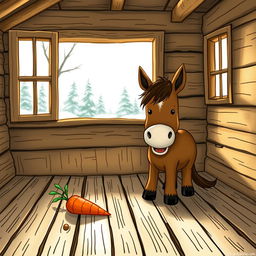 Inside a warm wooden cabin during a tranquil winter, a small brown horse is happily munching on a sweet potato