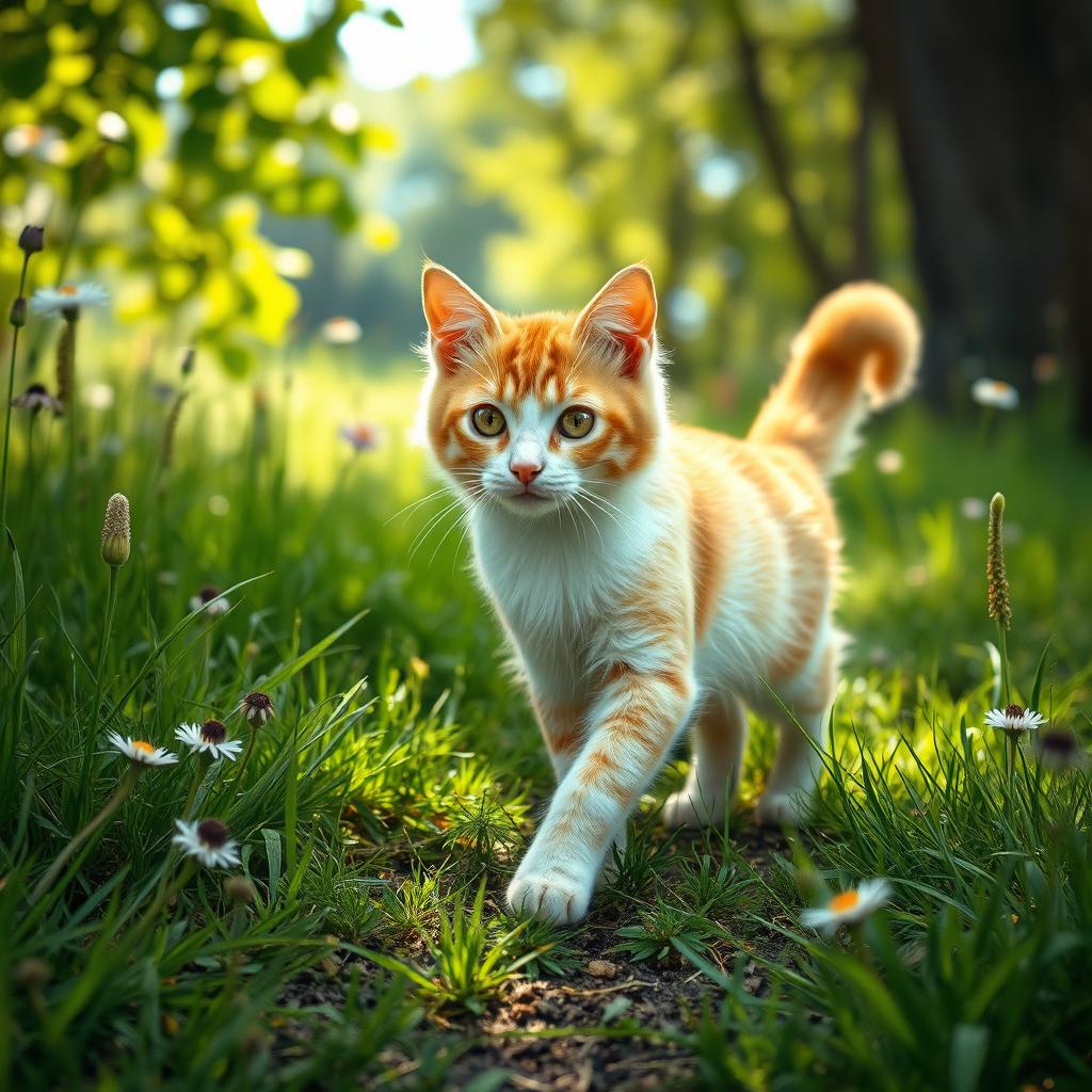 A curious cat walking gracefully through a vibrant natural landscape, surrounded by lush green grass and wildflowers, with gentle sunlight filtering through the leaves of nearby trees