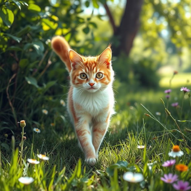 A curious cat walking gracefully through a vibrant natural landscape, surrounded by lush green grass and wildflowers, with gentle sunlight filtering through the leaves of nearby trees