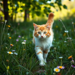 A curious cat walking gracefully through a vibrant natural landscape, surrounded by lush green grass and wildflowers, with gentle sunlight filtering through the leaves of nearby trees