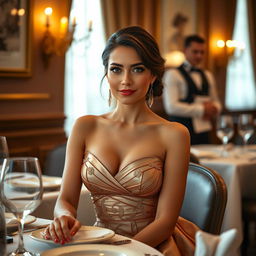 A captivating portrait of an attractive woman with a size 2 bust sitting at an elegantly set restaurant table