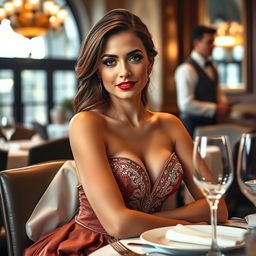 A captivating portrait of an attractive woman with a size 2 bust sitting at an elegantly set restaurant table