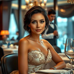 A captivating portrait of an attractive woman with a size 2 bust sitting at an elegantly set restaurant table