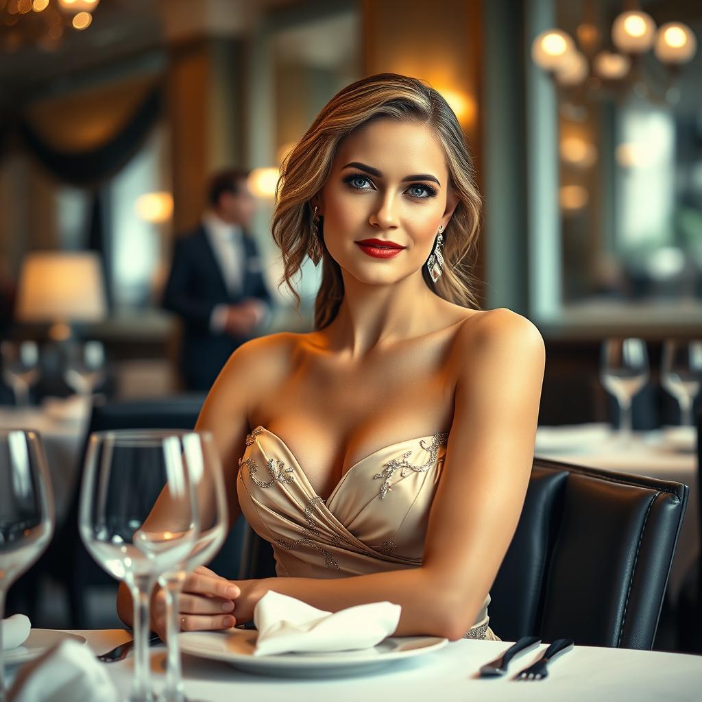 A captivating portrait of an attractive woman with a size 2 bust sitting at an elegantly set restaurant table