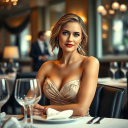 A captivating portrait of an attractive woman with a size 2 bust sitting at an elegantly set restaurant table