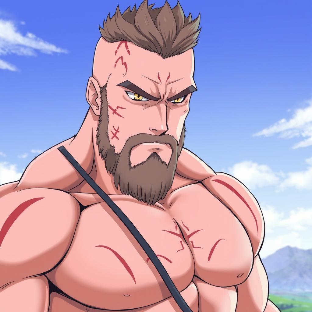 A tall, muscular middle-aged man with no beard, featuring distinctive scars across his pale skin