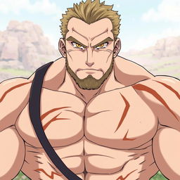 A tall, muscular middle-aged man with no beard, featuring distinctive scars across his pale skin