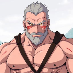 A tall, muscular middle-aged man with no beard, featuring distinctive scars across his pale skin