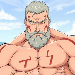 A tall, muscular middle-aged man with no beard, featuring distinctive scars across his pale skin